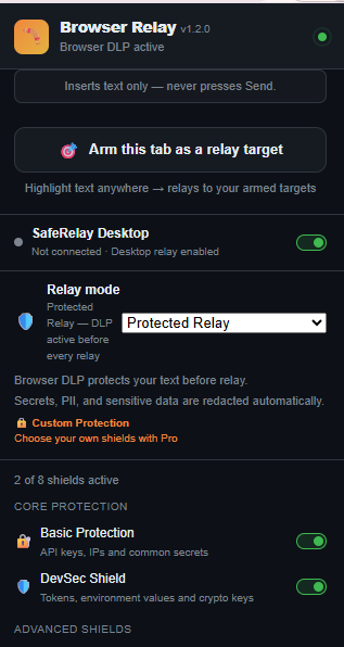SafeRelay Browser Relay extension popup showing version 1.2.0, Desktop connection toggle, Protected Relay mode, and active shields